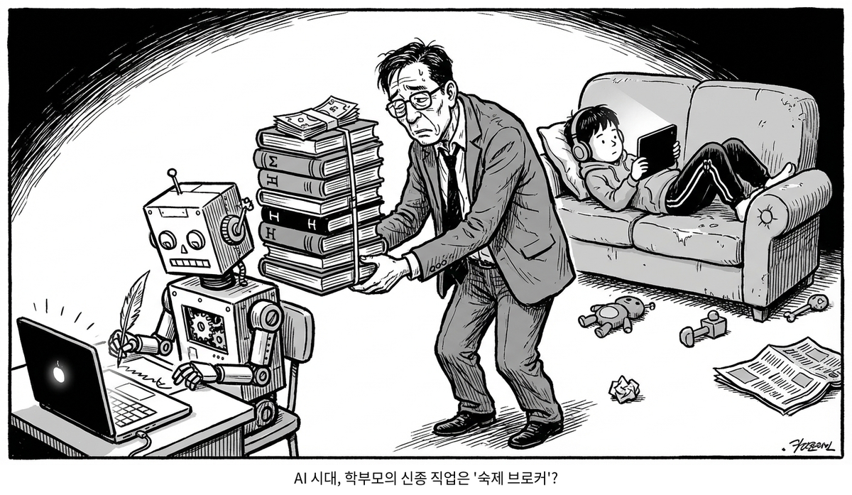 AI 교육 만평: AI 시대, 학부모의 신종 직업은 숙제 브로커?