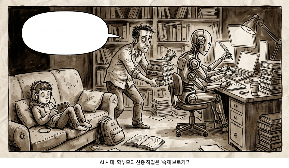 만평: AI 시대, 학부모의 신종 직업은 '숙제 브로커'?